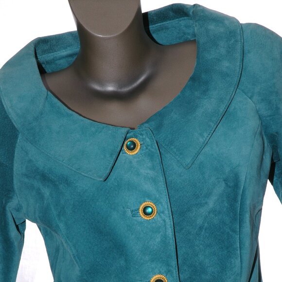 Suede Leather JACKET & SKIRT Dress 2 pc. Suit Set Aqua Teal Danier Womens M / 8 - Picture 3 of 9